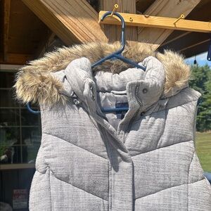 Gray women’s Puffer Vest with Faux Fur Hood